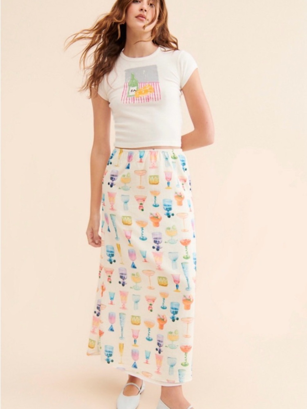 Anthropologie Midi skirt. Lisa Says Gah. White Skirt with Colorful motif.